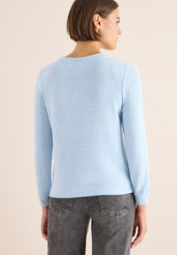 Donna con capelli corti castani che indossa un maglione a maniche lunghe blu chiaro e jeans grigio scuro, in piedi contro uno sfondo semplice e chiaro.