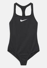 Zwarte one-piece badmode met een racerback ontwerp, gemaakt van gladde stof, met een opvallend wit Nike-logo op de voorkant.