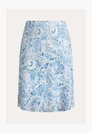 Hvit skjørt med lyseblå blomstermønster og paisleymønster, knelang, rett snitt, glatt stoff.