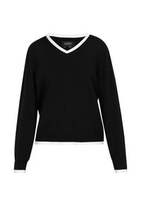 Pulover negru cu decolteu în V și mâneci lungi. Margine albă la gât și tiv. Textură moale, croială lejeră. Etichetă vizibilă pe interior.