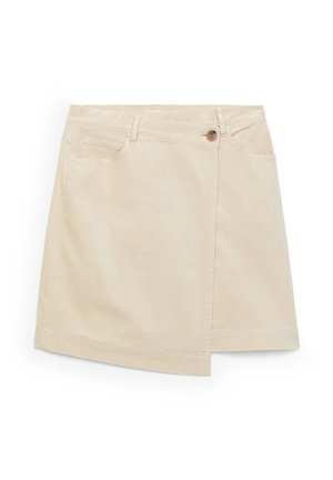 Beige Jeans-Minirock mit einer taillierten Silhouette, der eine Seitentasche, einen vorderen Knopfverschluss und eine dezente strukturierte Oberfläche aufweist.