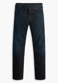 Jeans in denim blu scuro con vestibilità dritta, dotati di tasche anteriori, chiusura con bottone e dettagli di cucitura sottili lungo le cuciture.