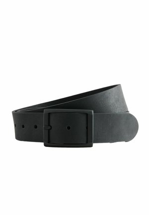 Black leather belt with a rectangular matte black buckle and multiple adjustment holes, coiled on a white background.