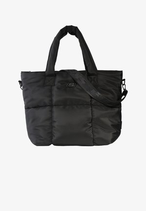 Sac cabas matelassé noir avec poignées rembourrées, bandoulière amovible et petit logo au centre devant.