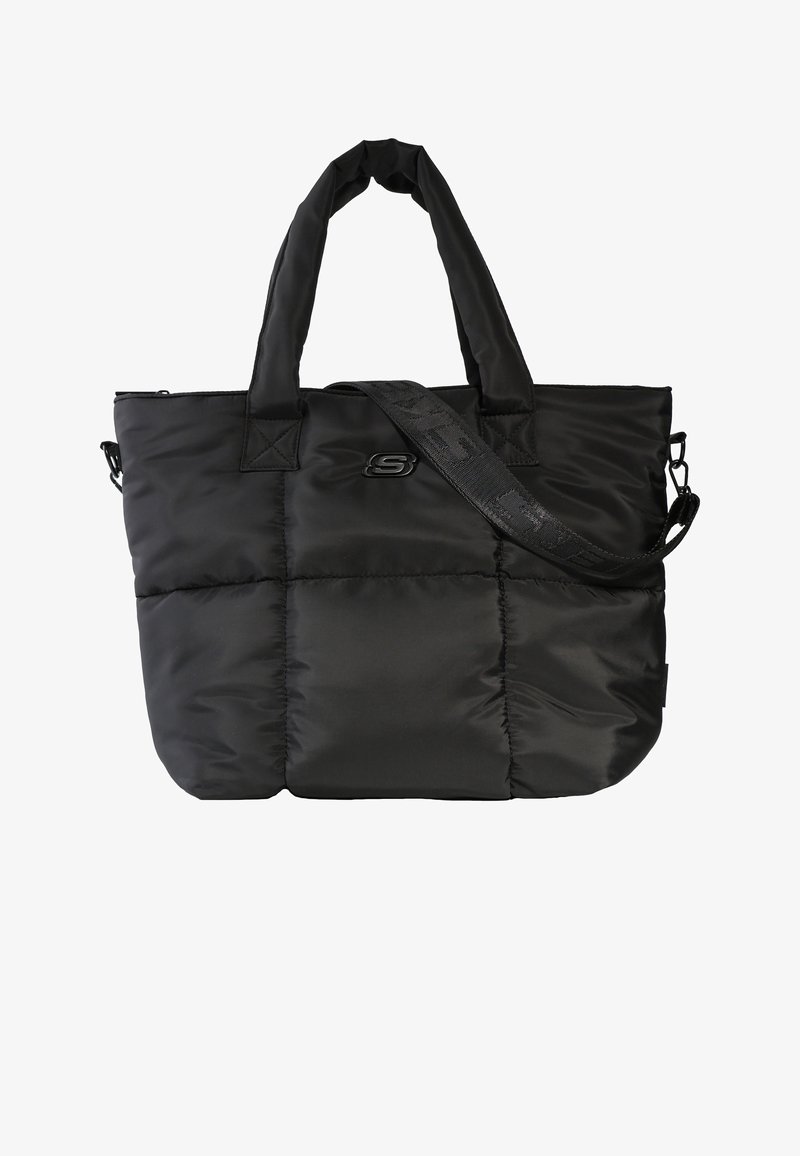 Sac cabas matelassé noir avec poignées rembourrées, bandoulière amovible et petit logo au centre devant.