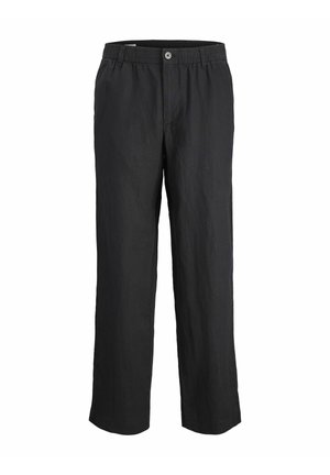 Pantaloni neri in lino a gamba larga con chiusura a bottone, vita elastica e design a taglio dritto. Texture liscia e stile minimalista.