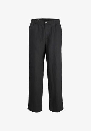 Black linen wide-leg trousers with a button closure, elastic waistband, and straight-cut design. Smooth texture and minimalist style.