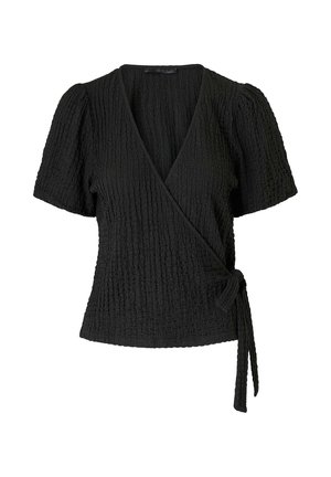 Black textured wrap blouse with short puff sleeves and side tie closure, featuring a V-neckline and fitted waist.