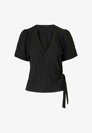Black textured wrap blouse with short puff sleeves and side tie closure, featuring a V-neckline and fitted waist.