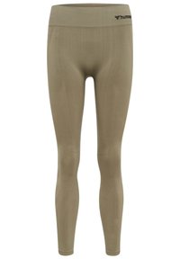 Stretchy, fitted leggings in khaki with a smooth texture, high waistband, and subtle branding on the waist.