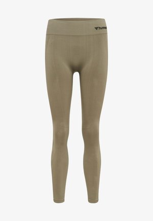 Elastyczne legginsy w kolorze khaki, dopasowane, o gładkiej fakturze, z wysokim stanem i subtelnym logo na talii.