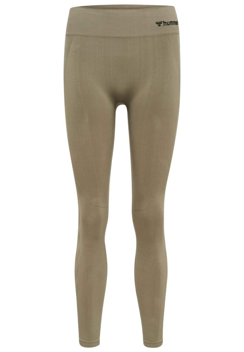 Stretchy, fitted leggings in khaki with a smooth texture, high waistband, and subtle branding on the waist.
