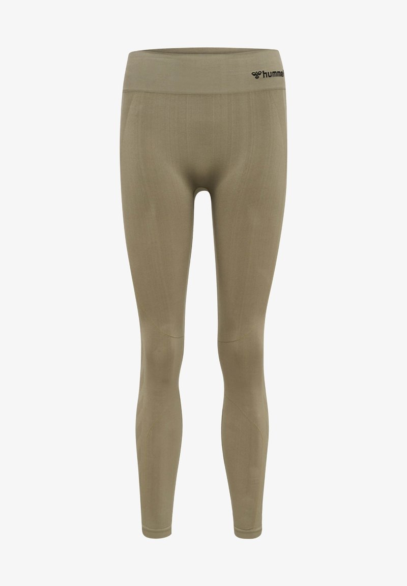 Stretchy, fitted leggings in khaki with a smooth texture, high waistband, and subtle branding on the waist.