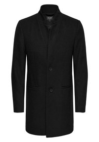 Zwarte wollen jas met een staande kraag, twee voorzakken en een enkele knoopsluiting. Glad textuur en nauwkeurige snit.