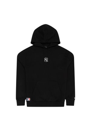 Black hoodie made of cotton with a kangaroo pocket, white logo on chest, drawstring hood, and ribbed cuffs and hem. MLB logo on sleeve.