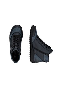 Hochgeschnittene Freizeitschuhe aus dunkelblauem Leder mit schwarzen Akzenten. Sie verfügen über eine Schnürung vorne, einen seitlichen Reißverschluss und eine strukturierte Gummisohle.
