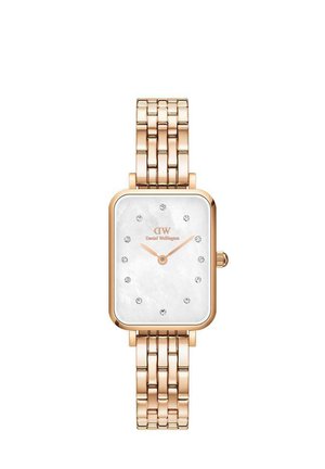 Square gold-tone watch with a white mother-of-pearl dial, rose gold link bracelet, diamond-like hour markers, and slender rose gold hands.