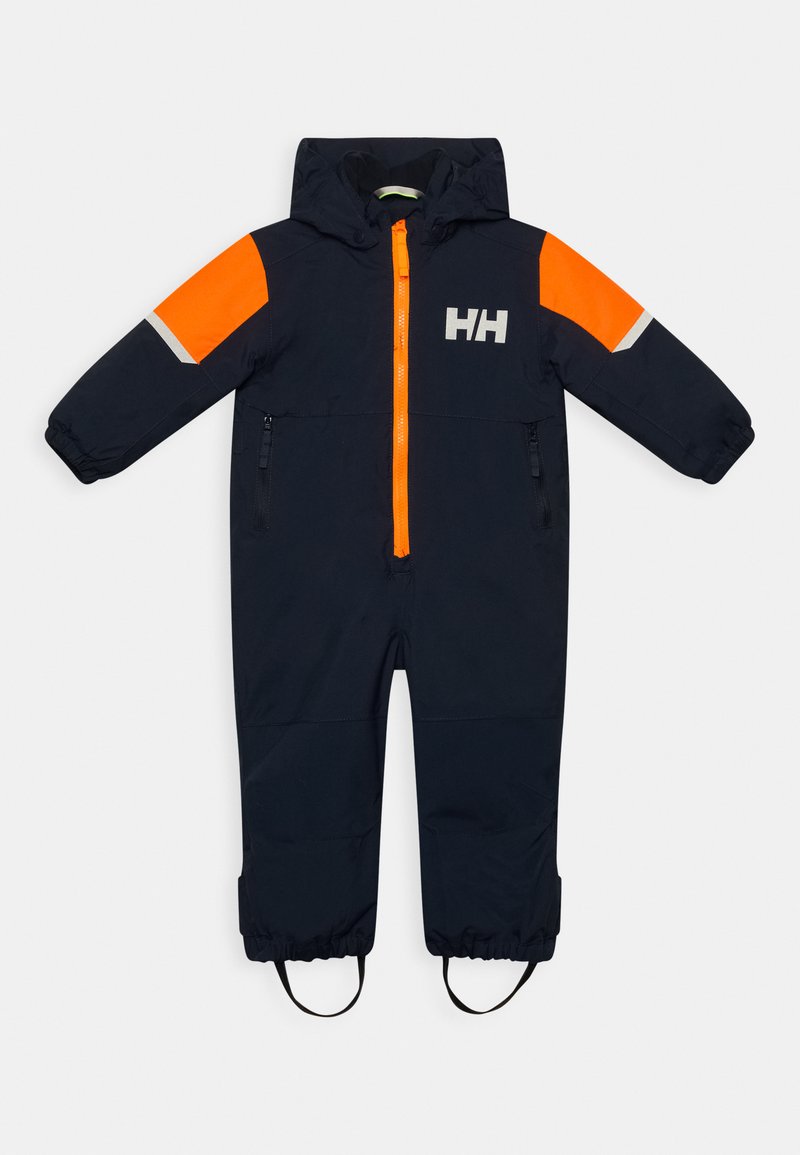 Námořnický vodotěsný snowsuit s oranžovými akcenty, předním zipem, reflexními detaily a kapucí. Elastické lemy a nastavitelné popruhy na kotnících.