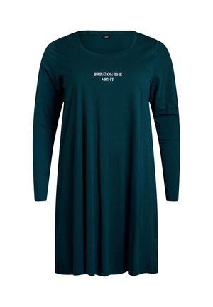 Robe à manches longues vert foncé avec un col rond et un texte blanc "AMENEZ LA NUIT" centré sur la poitrine.