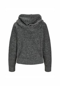 Maglione grigio con cappuccio, texture morbida, vestibilità ampia, con un colletto largo e maniche lunghe, con un orlo leggermente accorciato.