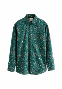 Cămașă verde cu butoni, cu mâneci lungi, având un model floral în diverse culori, realizată dintr-un material ușor, cu guler ascuțit.