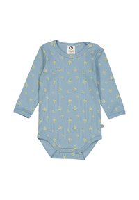 Světlomodrý dlouhý rukáv dětský overal s potiskem banánů, žebrovanou texturou a druky v dolní části pro snadné oblečení.