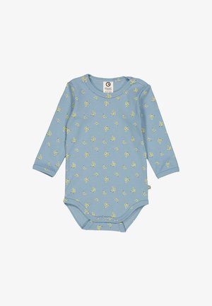 Lichtblauwe lange mouwen baby onesie met een bananenpatroon, geribbelde textuur en drukknoopjes onderaan voor gemakkelijk aankleden.