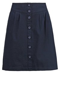 Laikku tummansininen hame, jossa on hyvin istuva vyötärö, edessä kuudella napilla varustettu nappilista, laskostettu muotoilu ja suora helma. Tasainen pinta.