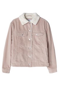 Giacca in corduroy di un leggero rosa con colletto bianco peloso, chiusura anteriore a bottoni e due tasche sul petto. Tessuto testurizzato con motivo a coste.