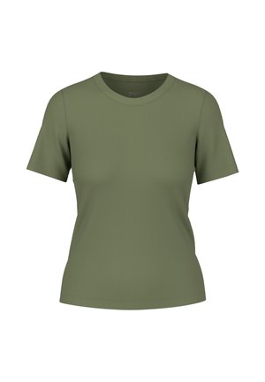 Olivgrünes, kurzärmeliges, figurnahes T-Shirt mit Rippenstruktur und Rundhalsausschnitt, gerade Saumlinie.