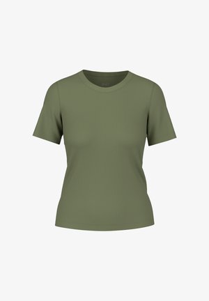 Olivgrünes, kurzärmeliges, figurnahes T-Shirt mit Rippenstruktur und Rundhalsausschnitt, gerade Saumlinie.