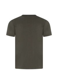 Camiseta de manga corta en verde oliva oscuro, hecha de tela suave, con corte recto y una costura vertical centrada en la parte posterior.