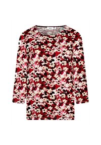 Langärmliges Oberteil mit floralem Muster, das rote, schwarze und weiße Blumen auf einem cremefarbenen Hintergrund zeigt. Rundhalsausschnitt; weicher, strukturiert Stoff.
