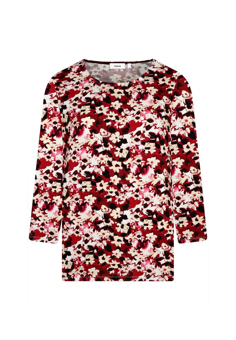 Langärmliges Oberteil mit floralem Muster, das rote, schwarze und weiße Blumen auf einem cremefarbenen Hintergrund zeigt. Rundhalsausschnitt; weicher, strukturiert Stoff.