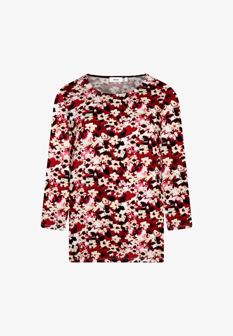 Langärmliges Oberteil mit floralem Muster, das rote, schwarze und weiße Blumen auf einem cremefarbenen Hintergrund zeigt. Rundhalsausschnitt; weicher, strukturiert Stoff.