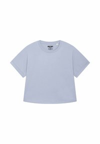 T-shirt cropped bleu clair avec un col rond et des manches courtes, portant l'étiquette de la marque "MIRA PARIS" à l'intérieur du col.