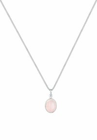 Silberne Halskette mit einer zarten Kette, die einen ovalen, rosaroten Steinanhänger in einer glatten Fassung zeigt. Einfaches und elegantes Design.