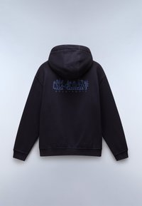 Sudadera con capucha negra hecha de una tela suave, con una impresión gráfica azul de árboles y texto en la parte posterior. Corte relajado con puños acanalados.