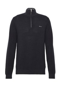 Black knit pullover with a zippered high collar, featuring a textured pattern and a small logo on the chest. Breathable and fitted design.