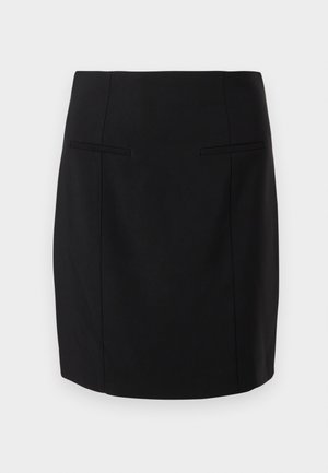 Svart blyantskjørt laget av glatt stoff, med en kroppsnær passform, to frontlommer og en lengde til kneet.