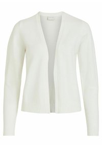 Vit öppen cardigan med långa ärmar och ribbade muddar och nederkant, tillverkad av mjukt stickat tyg.