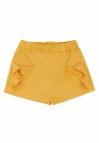 Yellow shorts with an elastic waistband, featuring ruffled accents on both sides and a smooth texture. Classic, casual design.