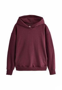 Felpa con cappuccio bordeaux realizzata in tessuto morbido, dotata di cappuccio, polsini a costine e logo sul petto. Vestibilità ampia con tasca a marsupio.