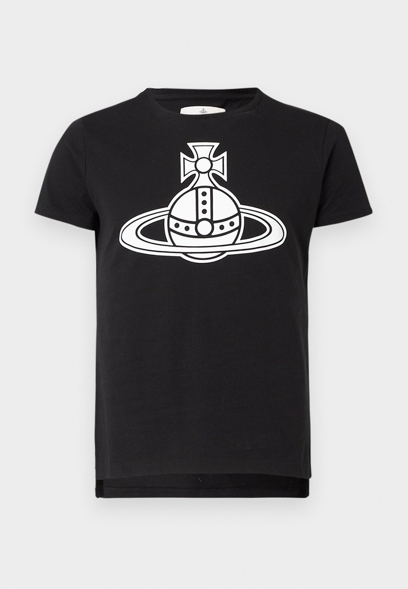 T-shirt nera a maniche corte con una grande grafica bianca di un orbe stilizzato e un anello sormontato da una croce al centro davanti.