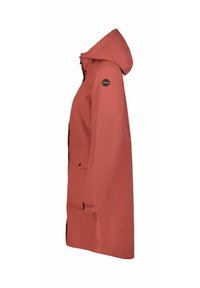 Wodoodporna różowa kurtka z kapturem o prostym kroju, z przednią kieszenią i elastycznymi mankietami. Na górnej części rękawa znajduje się naszywka z logo.