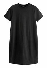 Robe t-shirt en coton noir avec manches courtes et col rond. Présente une coupe décontractée et une coupe droite, sans motifs ni détails supplémentaires.