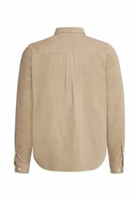 Beige corduroy shirt with a back yoke, long sleeves, and button cuffs. Soft texture and rounded hemline.