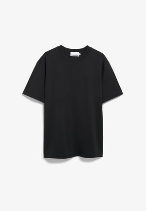 Einfaches schwarzes T-Shirt aus Baumwolle mit rundem Ausschnitt und kurzen Ärmeln. Schlichtes Design ohne sichtbare Muster oder Verzierungen.