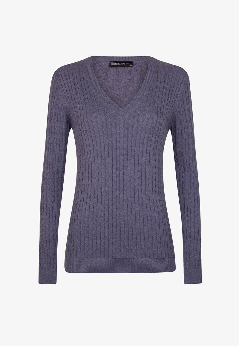 Maglione lungo a maniche lunghe con scollo a V in maglia a treccia viola, esposto frontalmente su uno sfondo bianco.