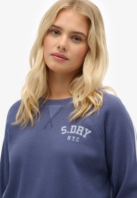 Sudadera de color azul claro, texturizada, con mangas largas, de tela acanalada y logo "S.DRY N.Y.C" en blanco. Presenta un cuello redondo y detalles de costura.